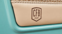 Close-up of leather interior panel embossed with CFB Series branding on a Classic Ford Bronco.