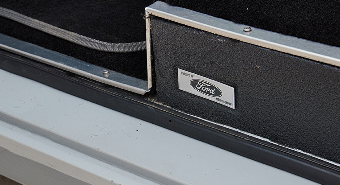 Ford Motor Company metal plate on interior step panel of Classic Ford Bronco