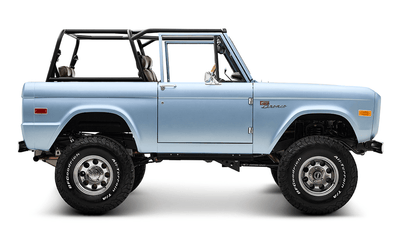 1974 Blue Classic Ford Broncos Coyote Series with custom leather interior, custom carpet and family roll cage