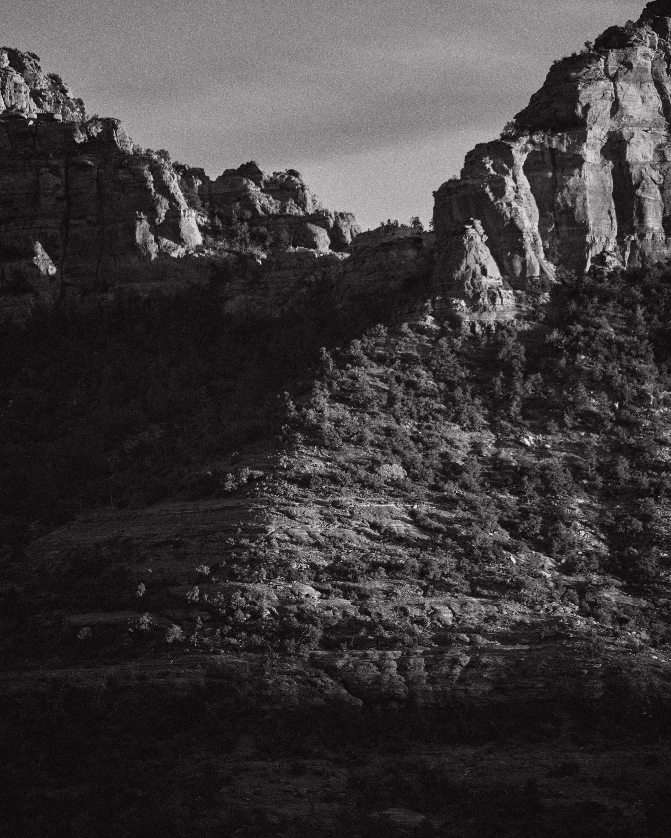 Rocky cliffs with scattered vegetation under a cloudy sky in black and white.