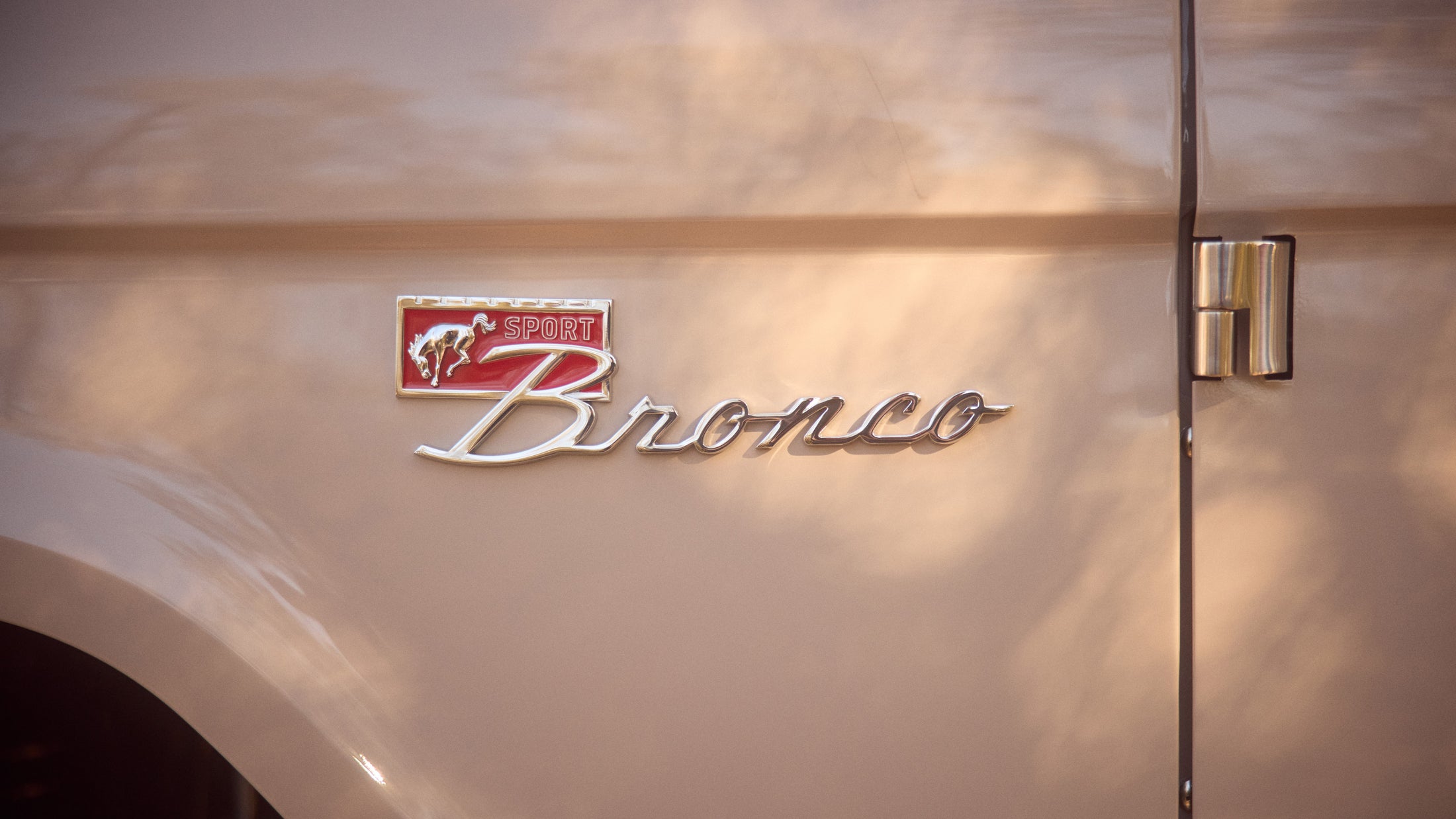 Close-up of a metallic Bronco emblem on a vehicle door