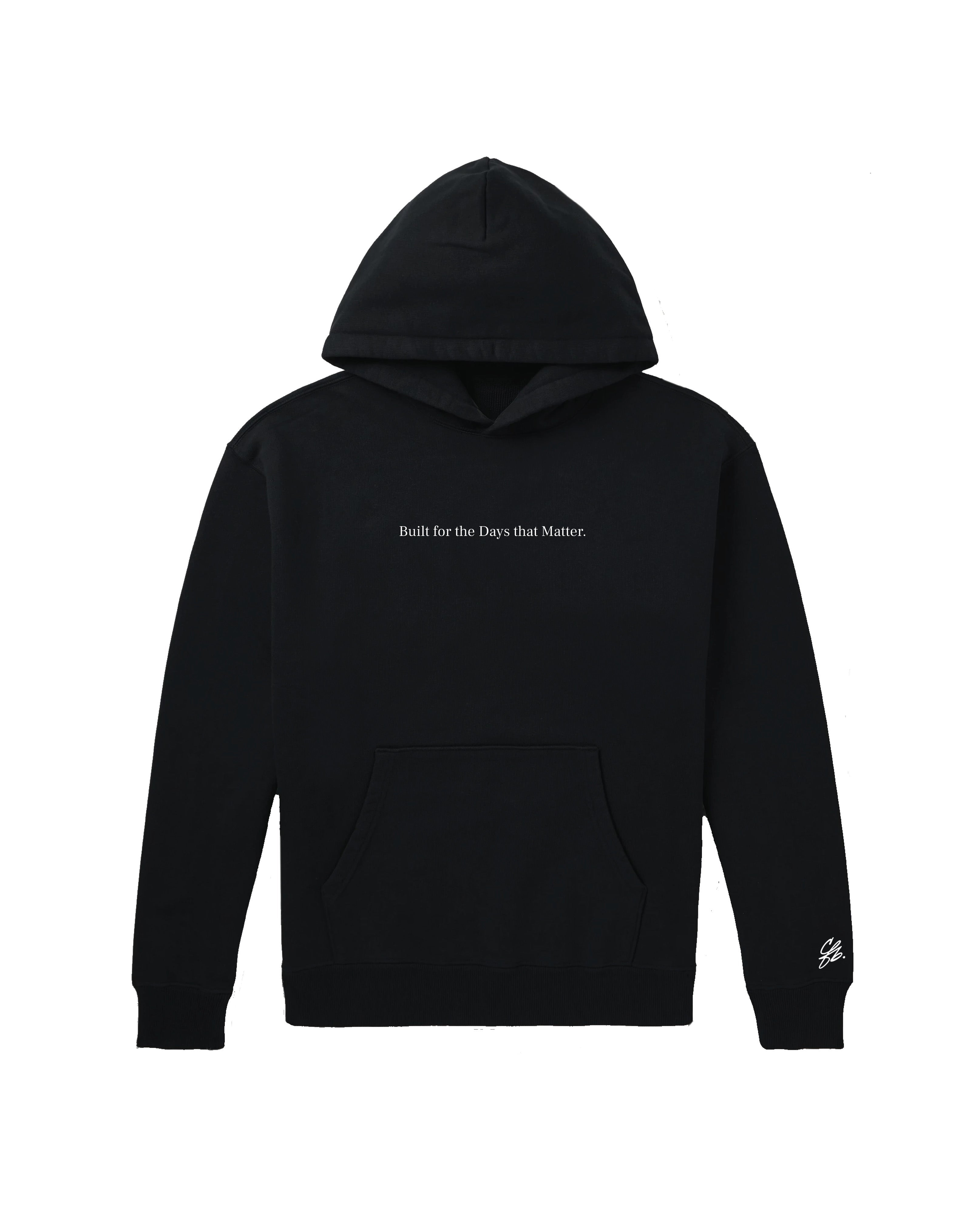 Black hoodie with text on a white background