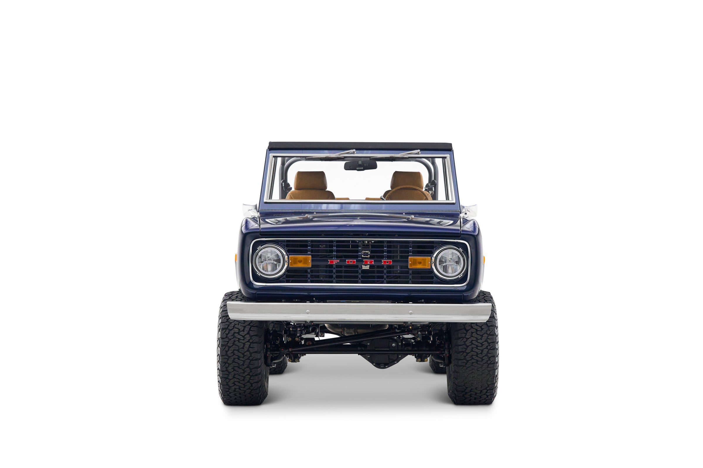Blue Classic Ford Bronco with open top shown front view on white background