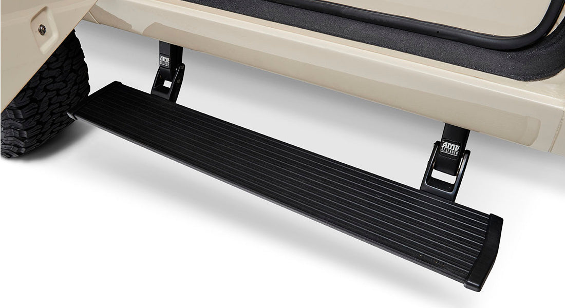 Electric running board step extended from Classic Ford Bronco