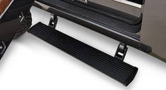 Black retractable running board door step extended from Classic Ford Bronco