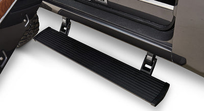 Black retractable running board door step extended from Classic Ford Bronco