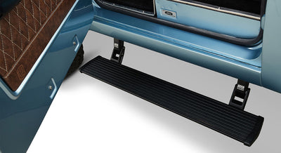 Black side step attached to open light blue Classic Ford Bronco door