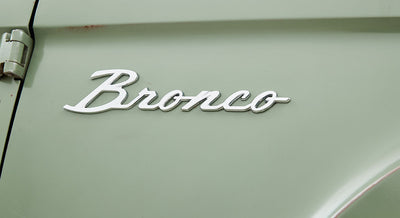 Chrome Bronco emblem mounted on faded light green exterior door panel