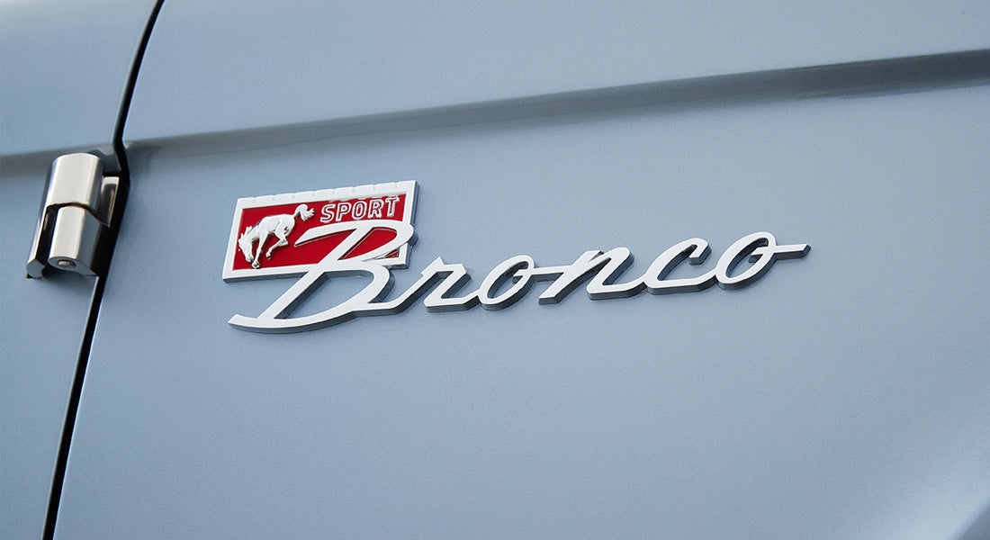Classic Ford Bronco door side with Sport Bronco badge in red and white