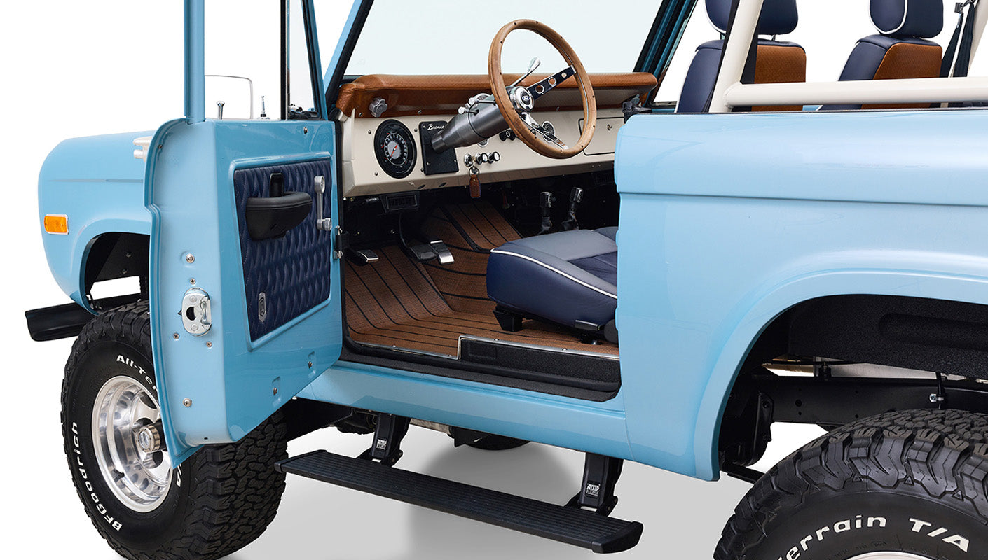 Ford Bronco 1969 Frozen Blue Coyote Series with Custom Leather Interior and Teak Boat Flooring