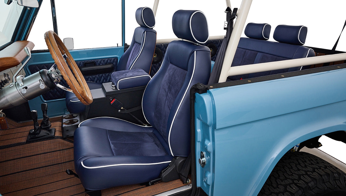 Ford Bronco 1969 Frozen Blue Coyote Series with Custom Leather Interior and Teak Boat Flooring
