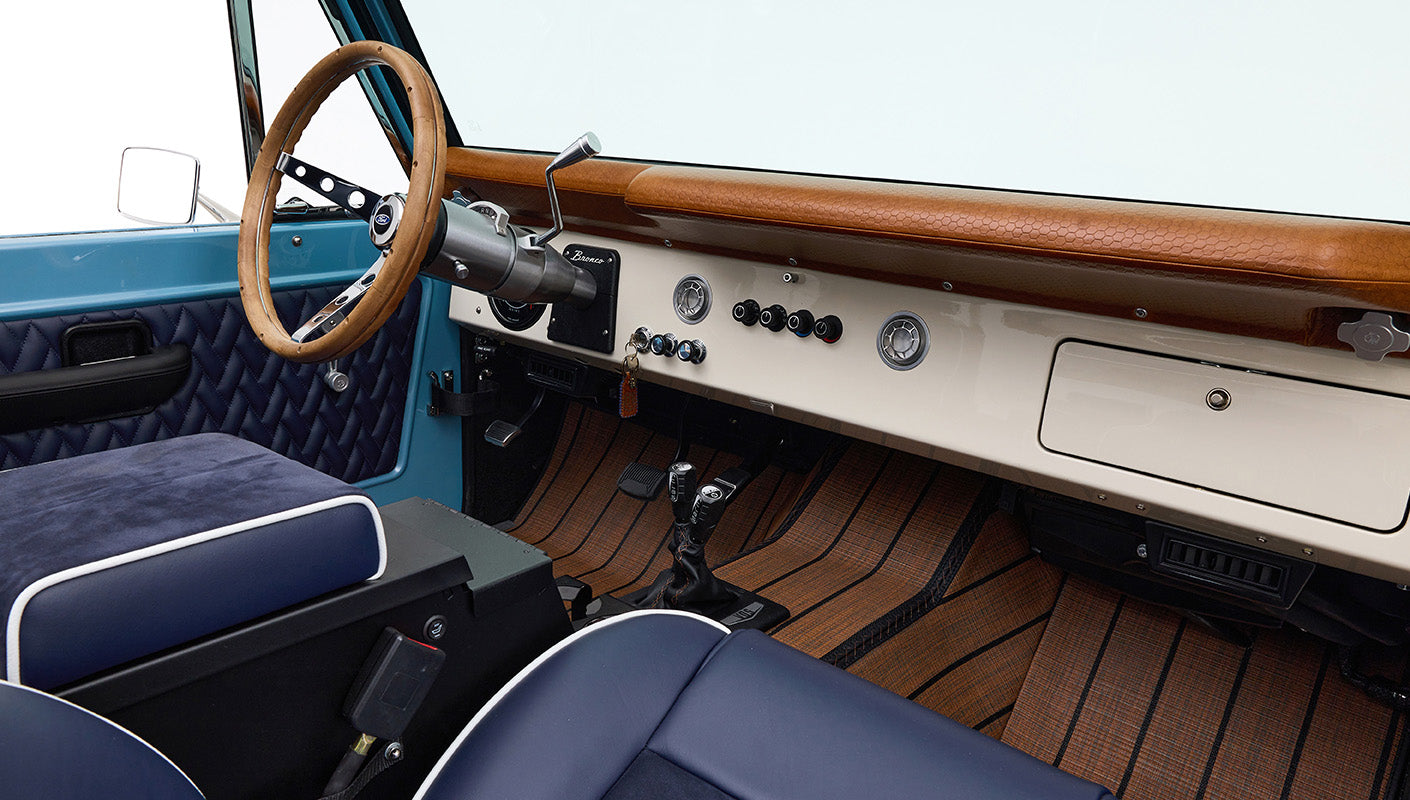 Ford Bronco 1969 Frozen Blue Coyote Series with Custom Leather Interior and Teak Boat Flooring