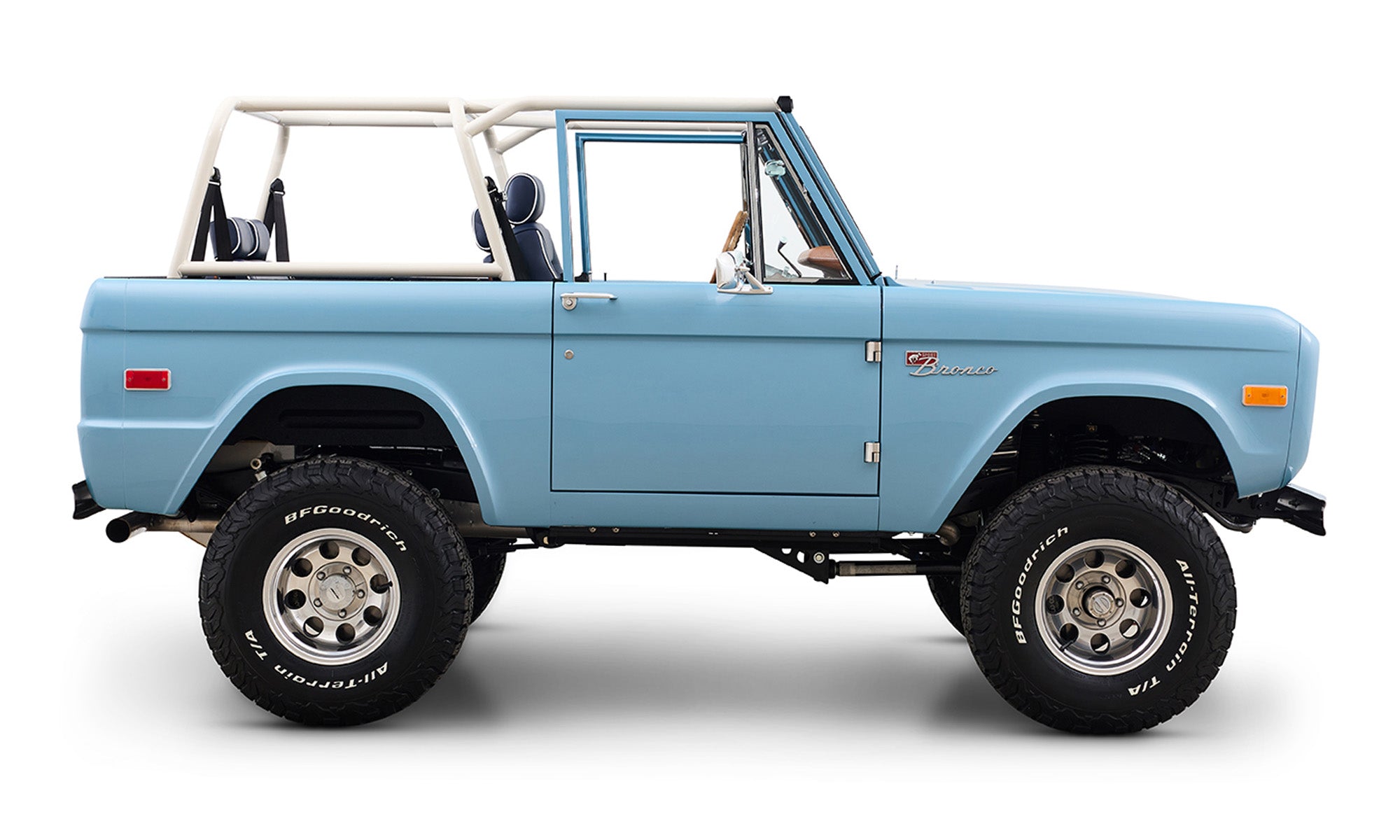 Ford Bronco 1969 Frozen Blue Coyote Series with Custom Leather Interior and Teak Boat Flooring
