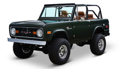 Classic Ford Bronco 1969 Misty Green Coyote Series angled front view from driver side