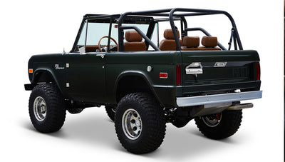 Classic Ford Bronco 1969 Misty Green Coyote Series angled rear view from driver side