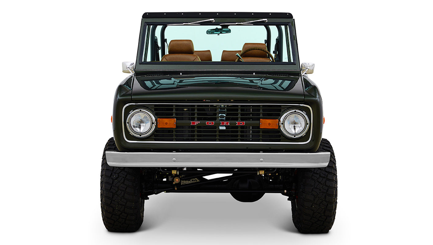 Classic Ford Bronco 1969 Misty Green Coyote Series side profile view with brown interior