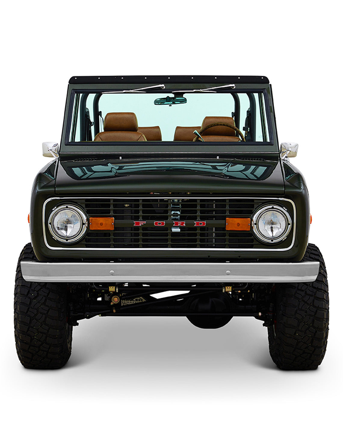 Classic Ford Bronco 1969 Misty Green Coyote Series close-up of engine bay with raised hood