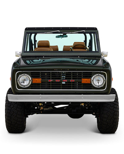 Classic Ford Bronco 1969 Misty Green Coyote Series close-up of engine bay with raised hood