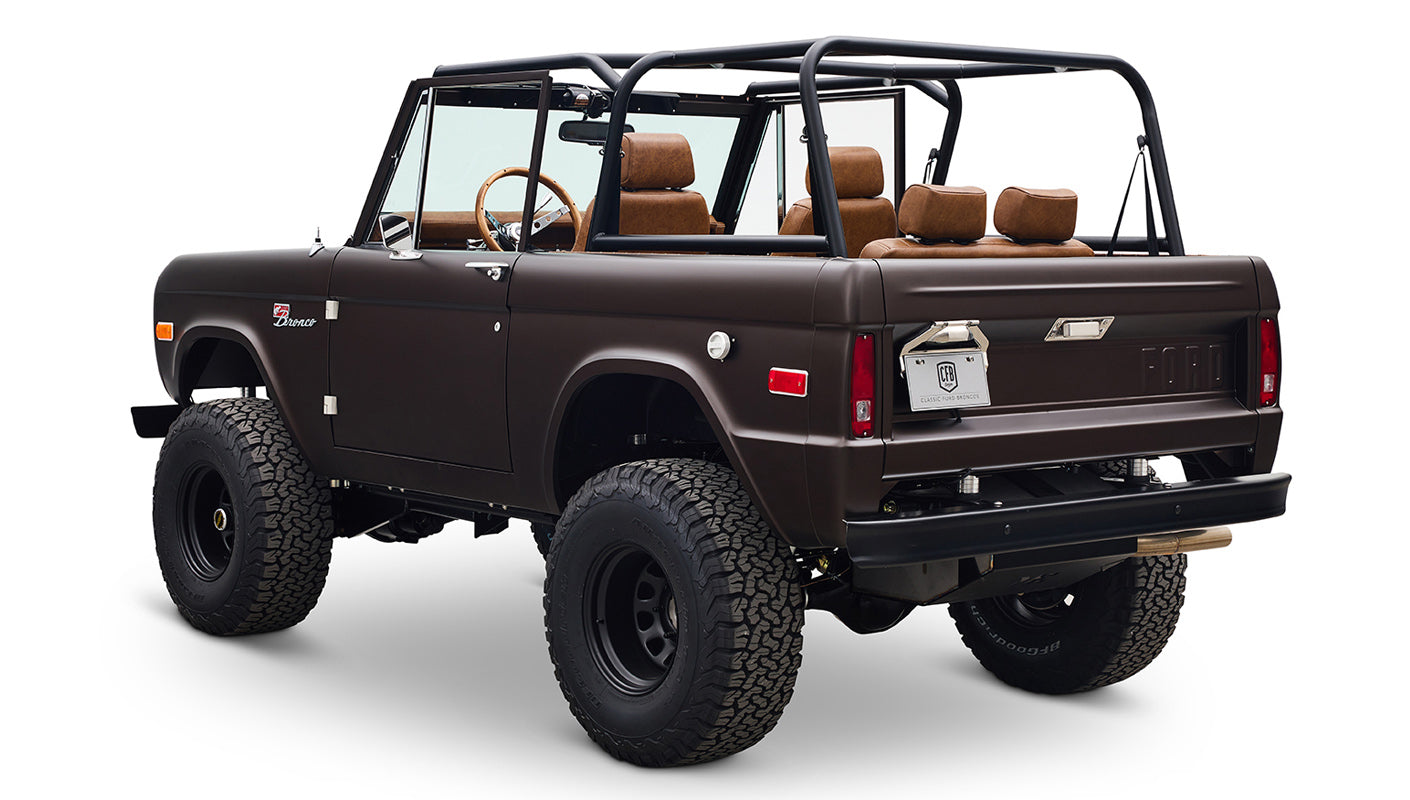 Ford Bronco 1970 in Matte Macadamia Brown with whiskey leather interior and black wheels