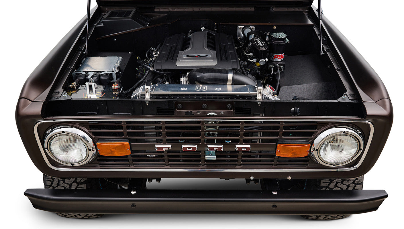 Ford Bronco 1970 in Matte Macadamia Brown with whiskey leather interior and black wheels Coyote 5.0L engine