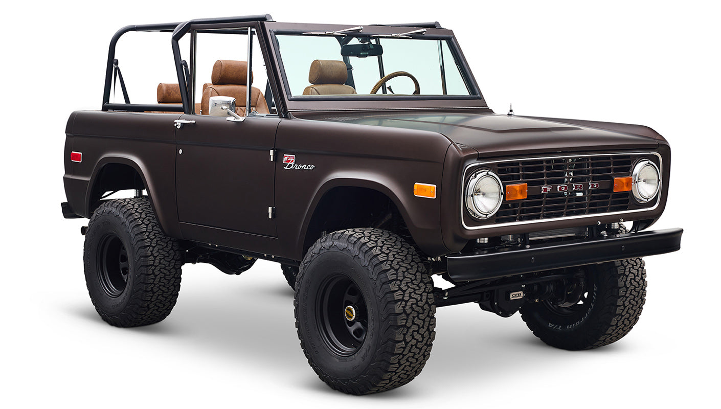 Ford Bronco 1970 in Matte Macadamia Brown with whiskey leather interior and black wheels