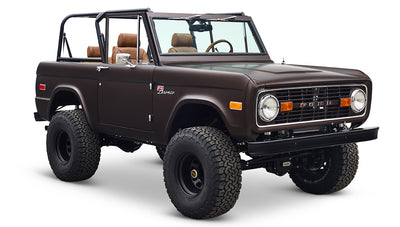 Ford Bronco 1970 in Matte Macadamia Brown with whiskey leather interior and black wheels