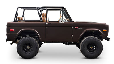 Ford Bronco 1970 in Matte Macadamia Brown with whiskey leather interior and black wheels