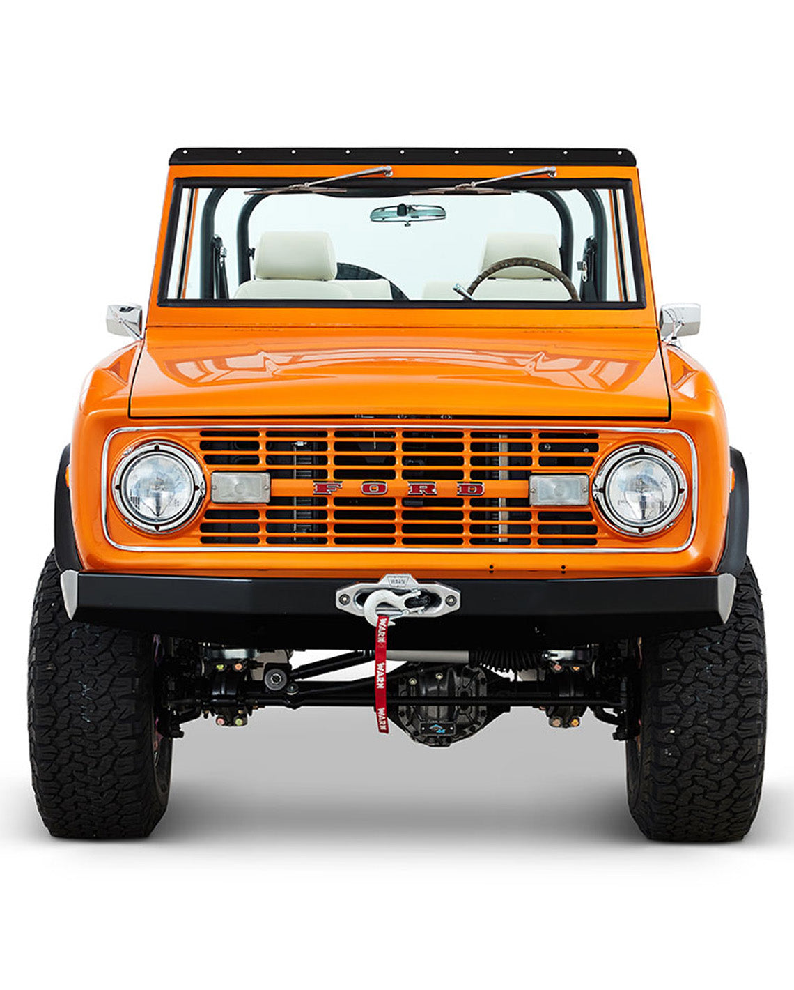 1970 Orange Classic Ford Broncos Coyote Series with white and plaid custom interior and family roll cage