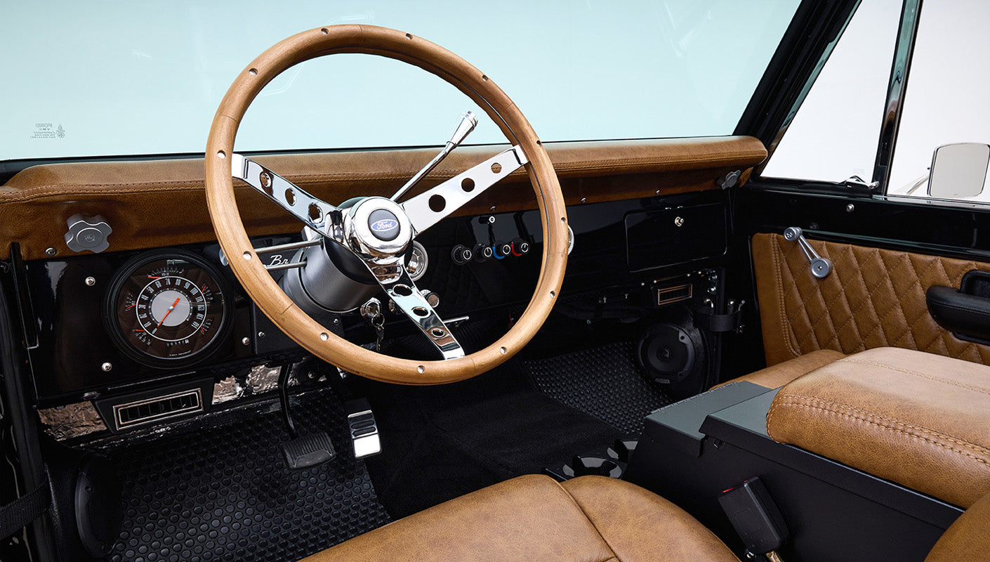 Ford Bronco 1973 Black Coyote Series with Custom Whiskey Diamond Stitch Interior