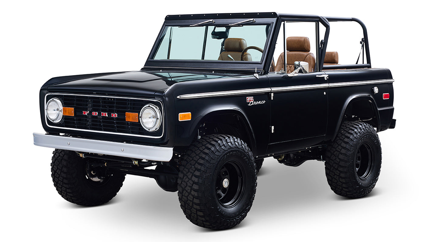 Ford Bronco 1973 Black Coyote Series with Custom Whiskey Diamond Stitch Interior