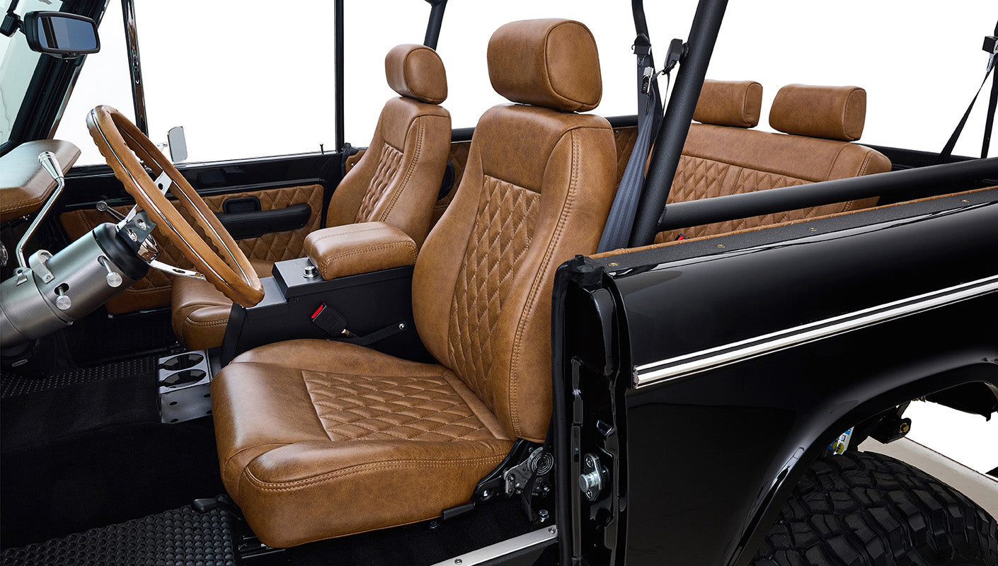 Ford Bronco 1973 Black Coyote Series with Custom Whiskey Diamond Stitch Interior