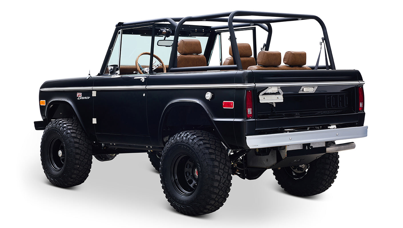 Ford Bronco 1973 Black Coyote Series with Custom Whiskey Diamond Stitch Interior