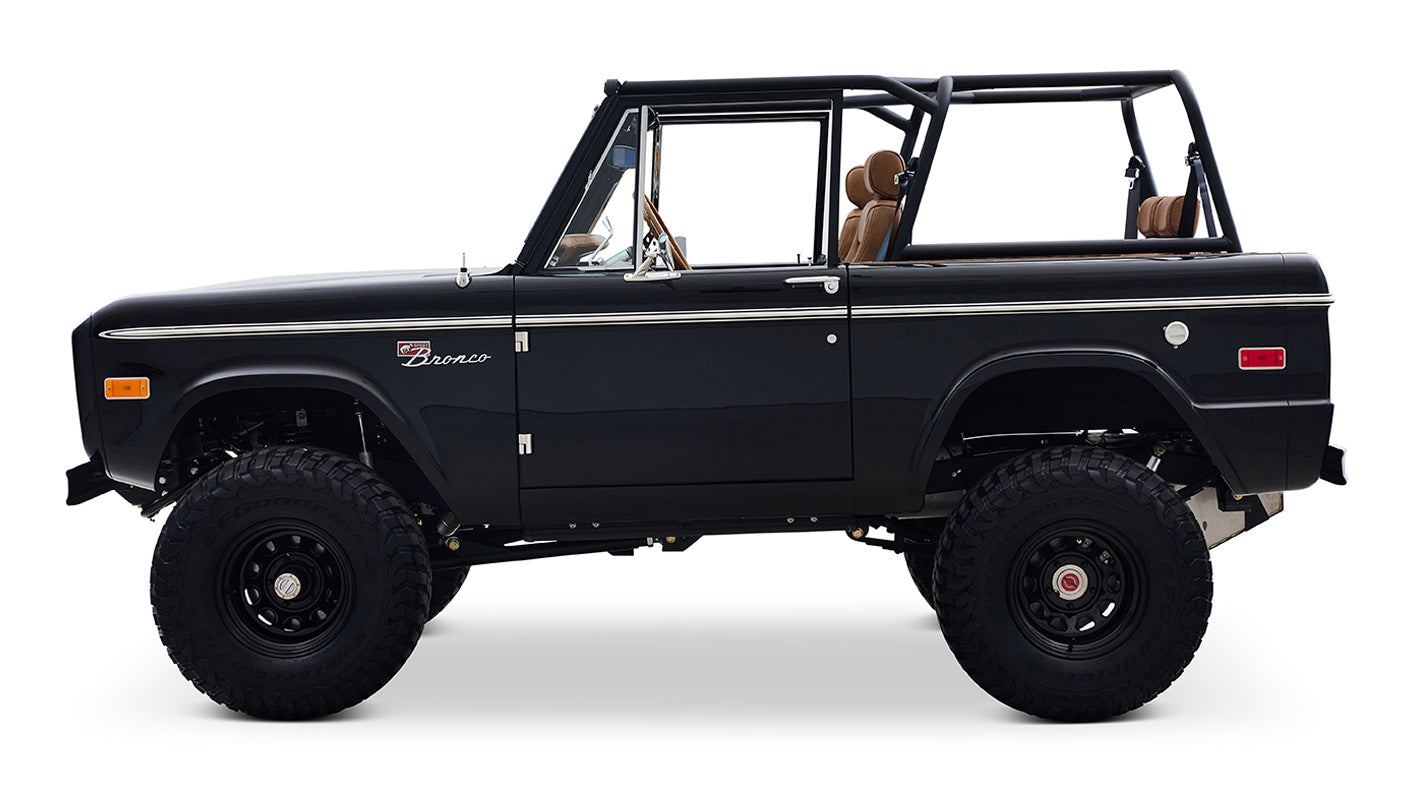Ford Bronco 1973 Black Coyote Series with Custom Whiskey Diamond Stitch Interior