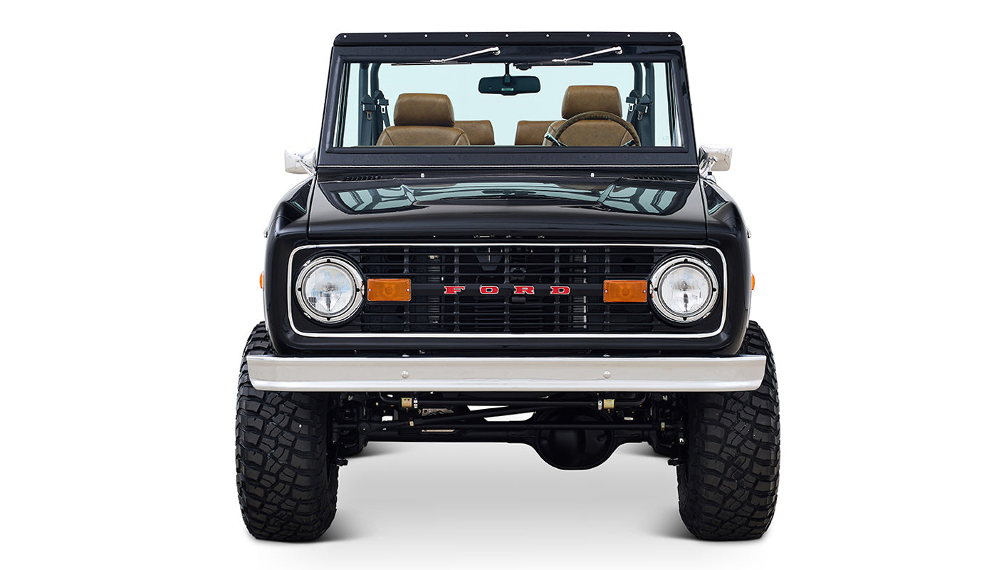 Ford Bronco 1973 Black Coyote Series with Custom Whiskey Diamond Stitch Interior