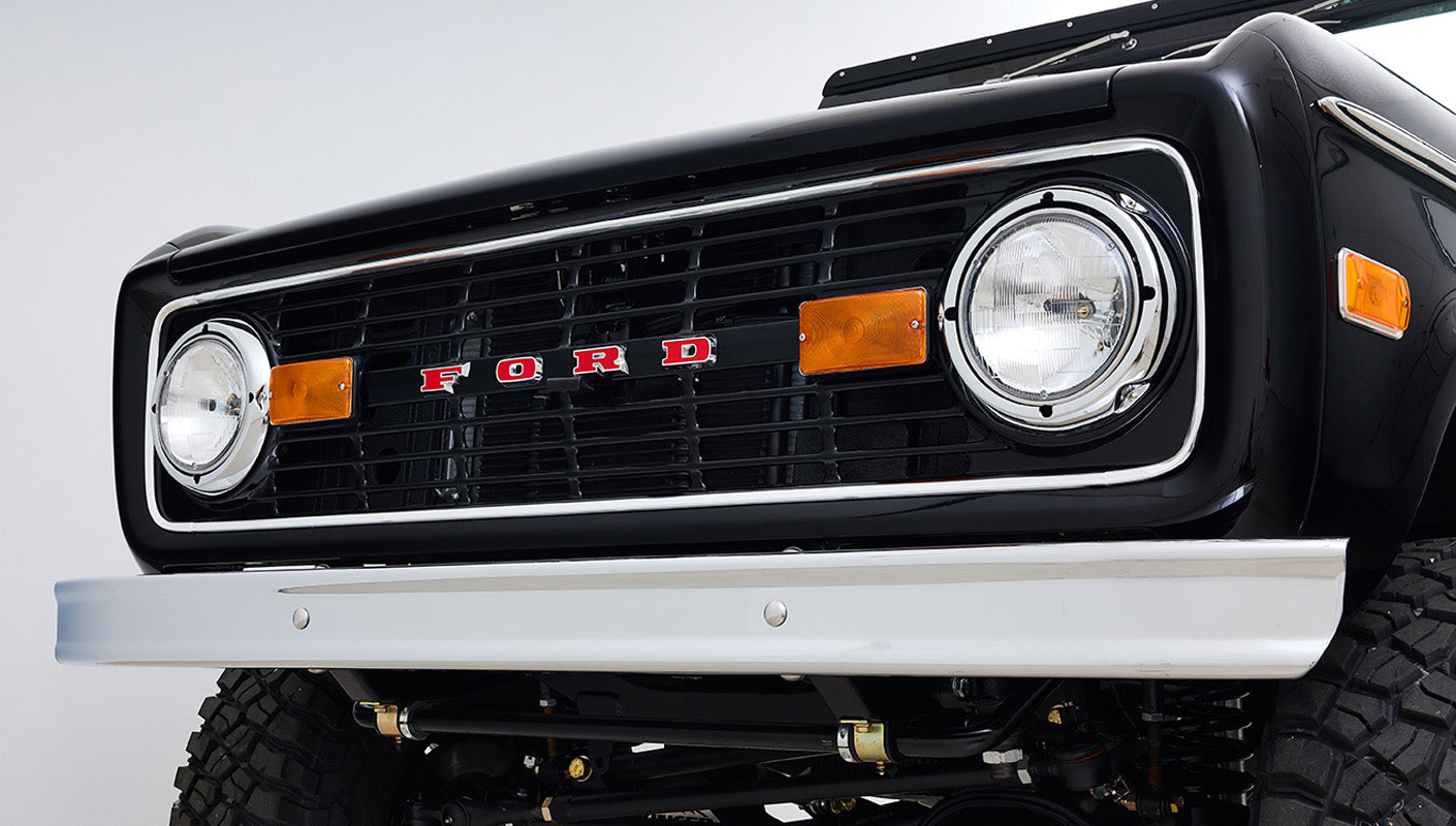 Ford Bronco 1973 Black Coyote Series with Custom Whiskey Diamond Stitch Interior