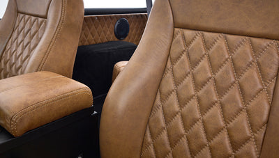 Ford Bronco 1973 Black Coyote Series with Custom Whiskey Diamond Stitch Interior