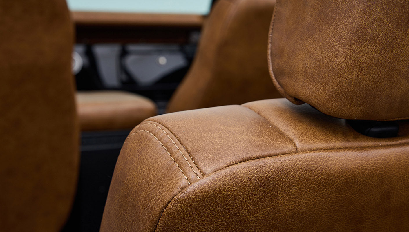 Ford Bronco 1973 Black Coyote Series with Custom Whiskey Diamond Stitch Interior