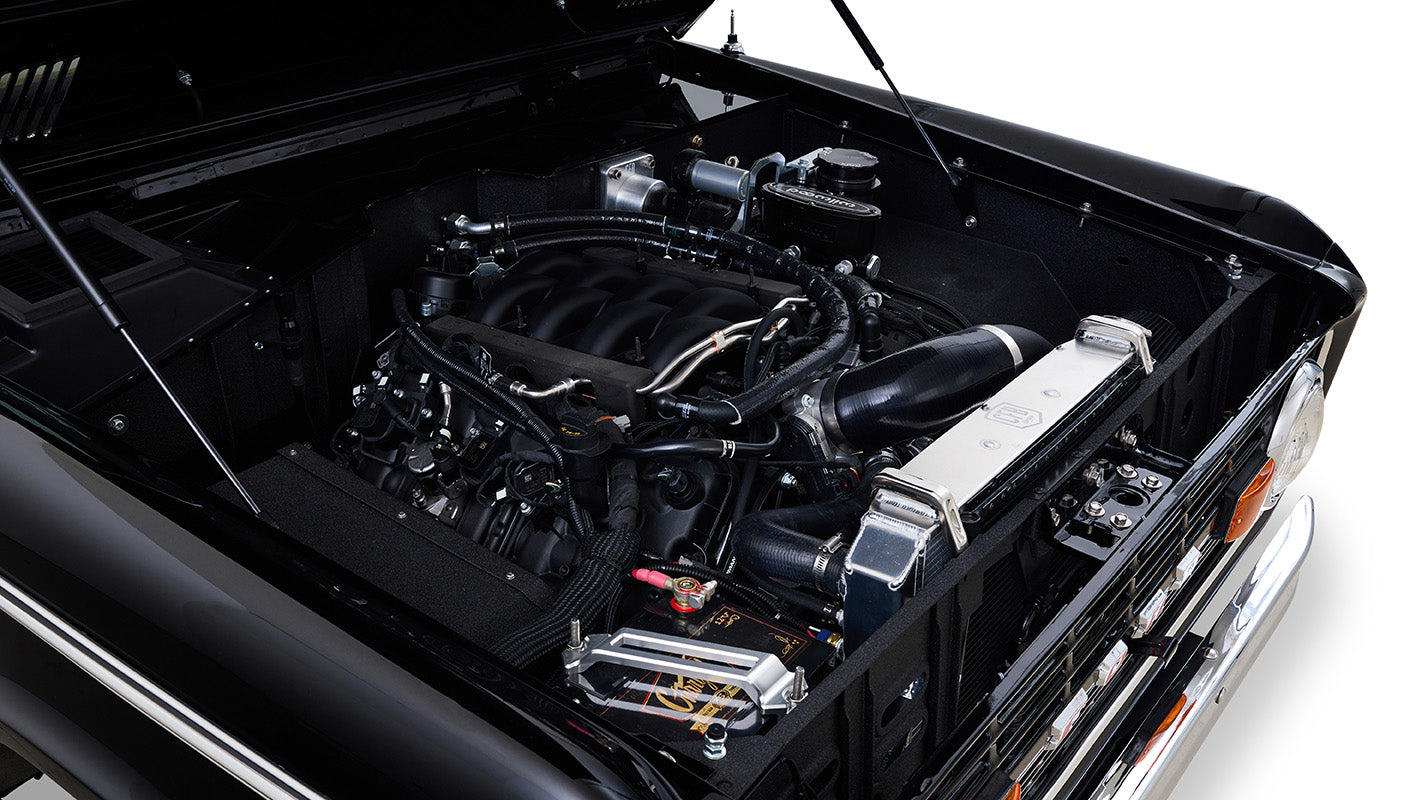 Ford Bronco 1973 Black Coyote Series with Custom Whiskey Diamond Stitch Interior Coyote 5.0L Engine