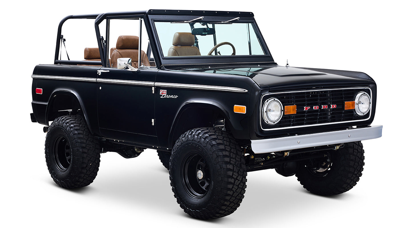Ford Bronco 1973 Black Coyote Series with Custom Whiskey Diamond Stitch Interior