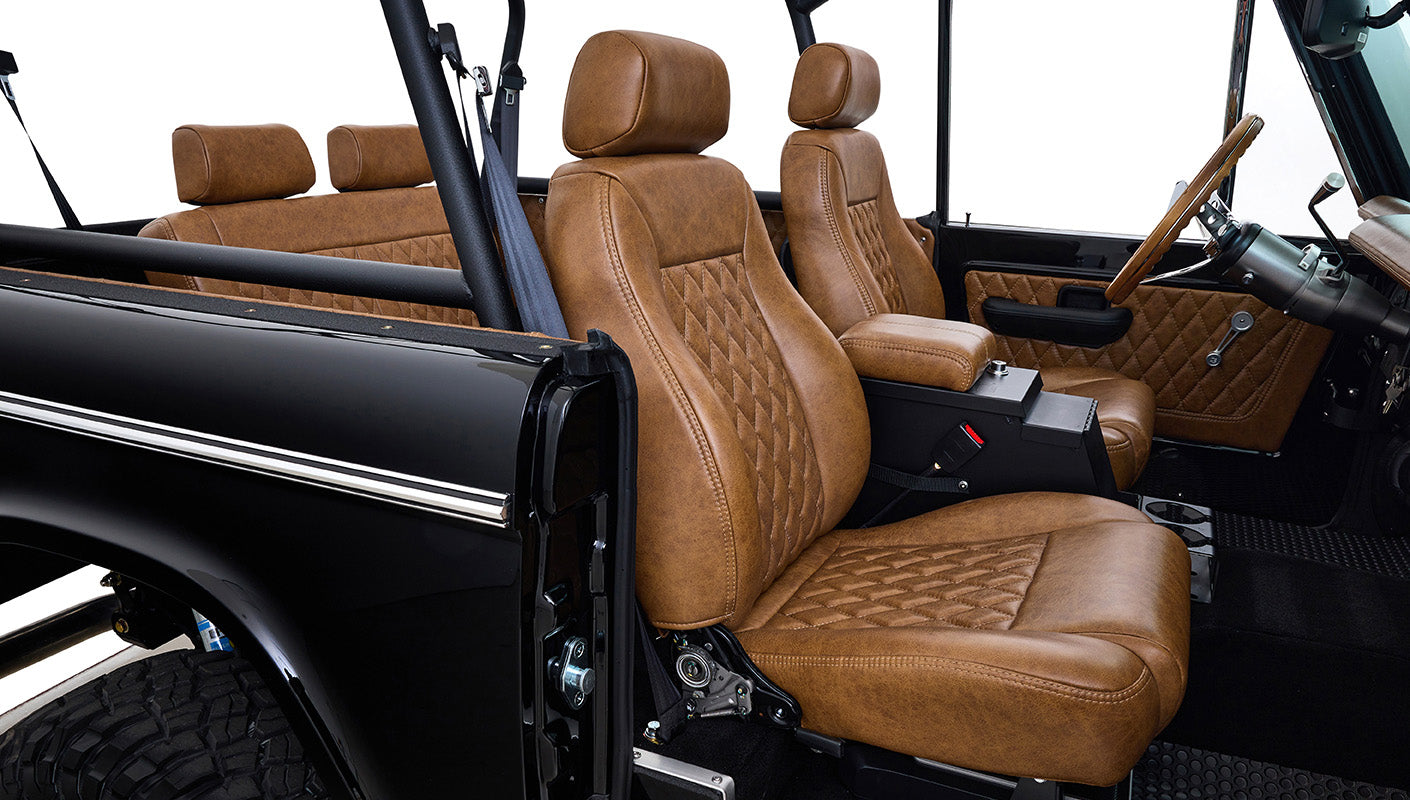 Ford Bronco 1973 Black Coyote Series with Custom Whiskey Diamond Stitch Interior