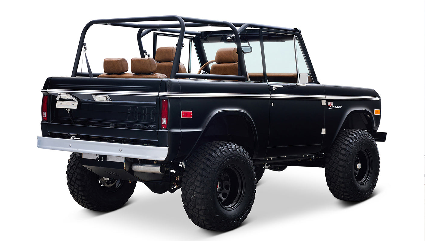 Ford Bronco 1973 Black Coyote Series with Custom Whiskey Diamond Stitch Interior
