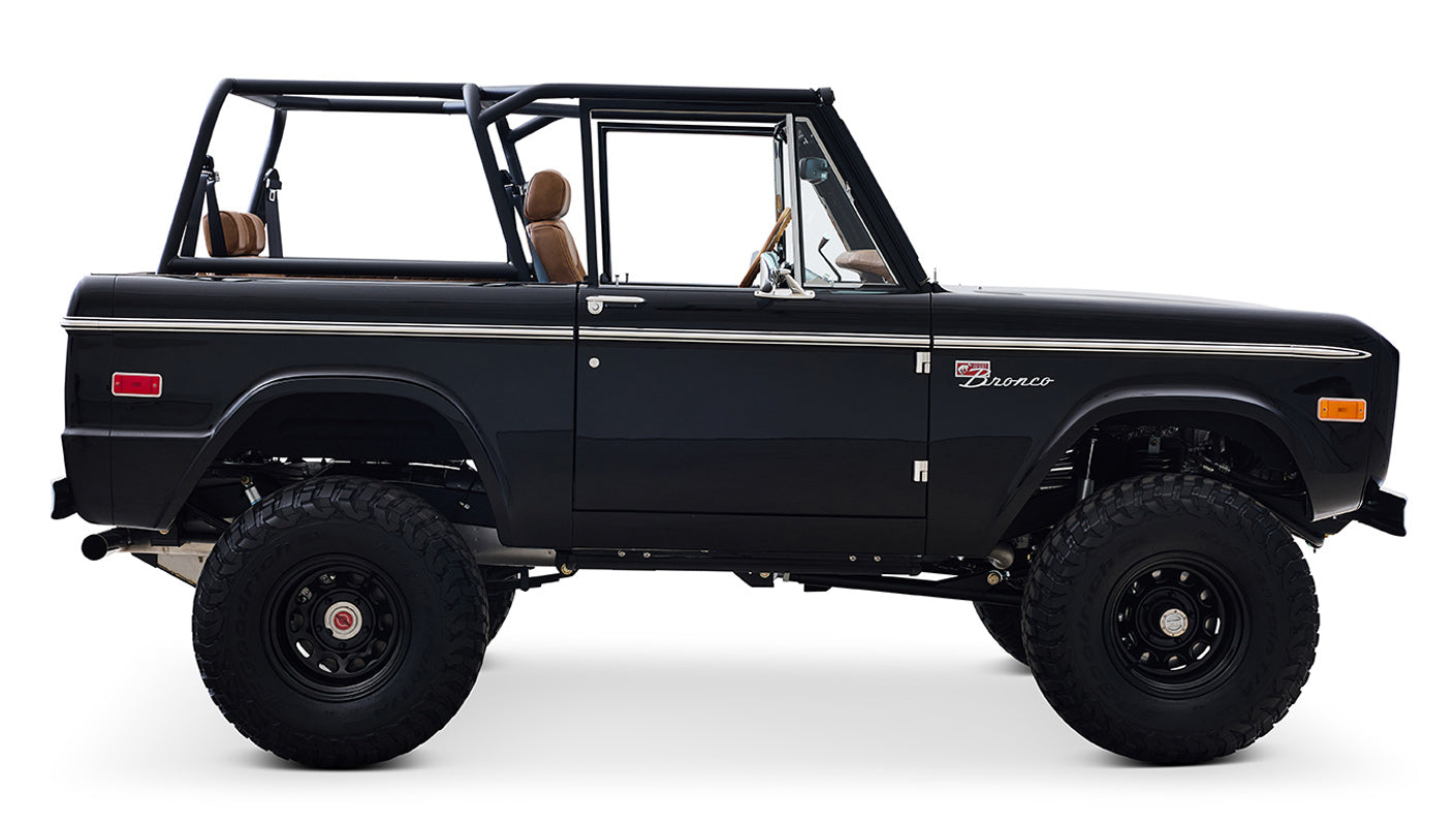 Ford Bronco 1973 Black Coyote Series with Custom Whiskey Diamond Stitch Interior