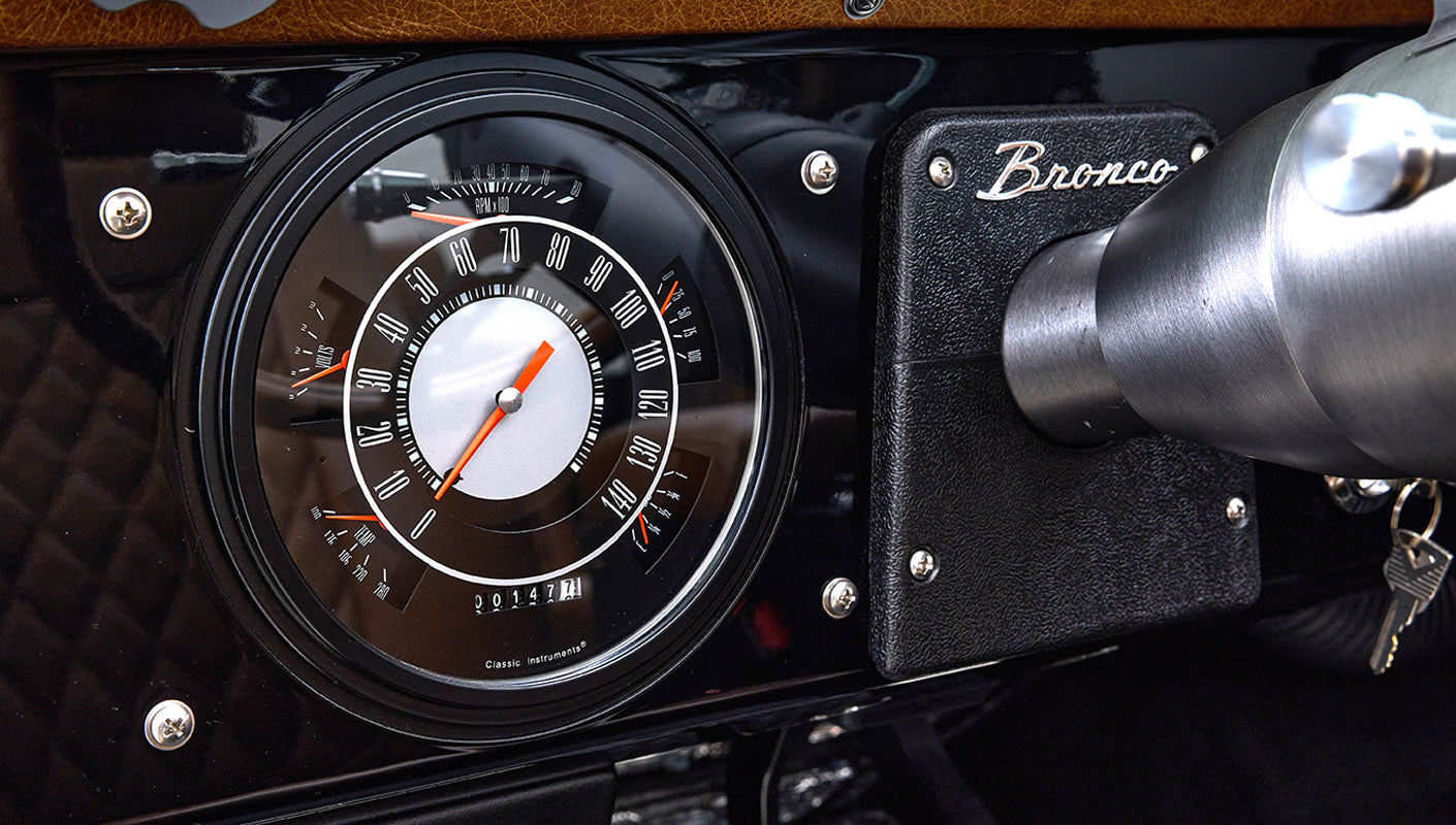 Ford Bronco 1973 Black Coyote Series with Custom Whiskey Diamond Stitch Interior