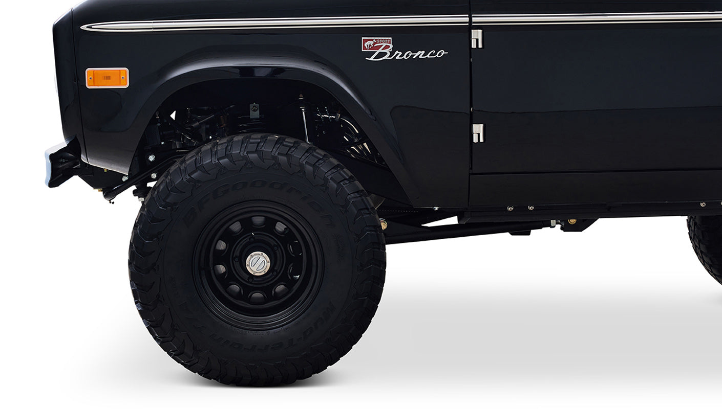 Ford Bronco 1973 Black Coyote Series with Custom Whiskey Diamond Stitch Interior