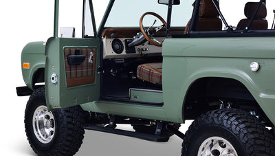 Ford Bronco 1973 Boxwood Green Coyote Series with Brown Soft Top Custom Leather Tartan Interior