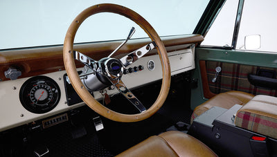 Ford Bronco 1973 Boxwood Green Coyote Series with Brown Soft Top Custom Leather Tartan Interior