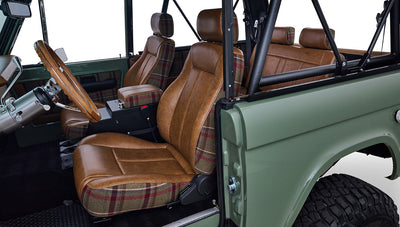 Ford Bronco 1973 Boxwood Green Coyote Series with Brown Soft Top Custom Leather Tartan Interior