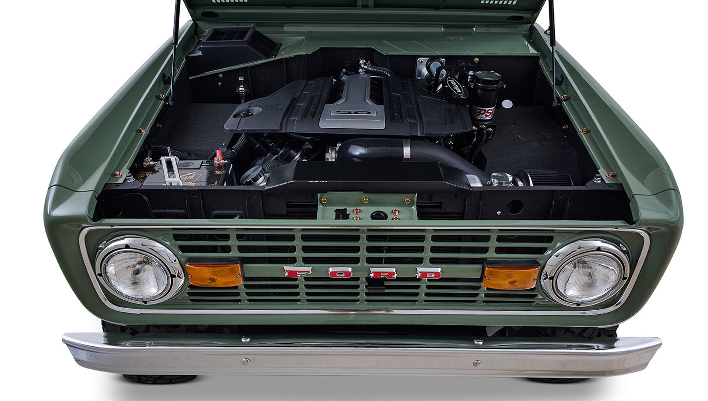 Ford Bronco 1973 Boxwood Green Coyote Series with Brown Soft Top Custom Leather Tartan Interior