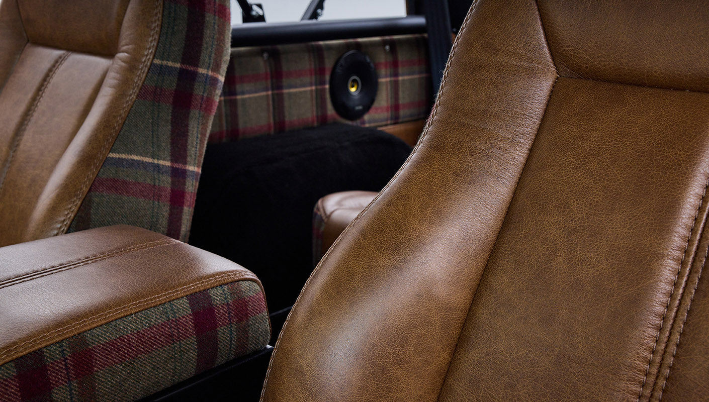Ford Bronco 1973 Boxwood Green Coyote Series with Brown Soft Top Custom Leather Tartan Interior