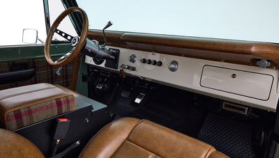 Ford Bronco 1973 Boxwood Green Coyote Series with Brown Soft Top Custom Leather Tartan Interior